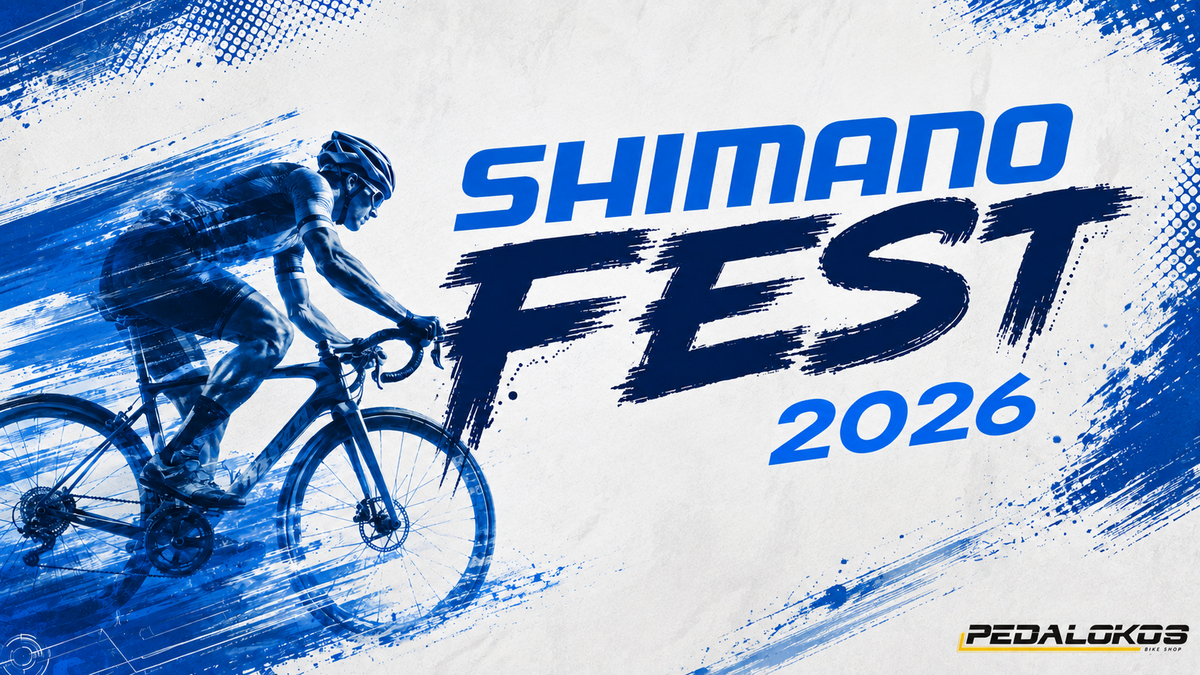Ciclista em arte azul com o texto Shimano Fest 2026 e a marca Pedalokos Bike Shop