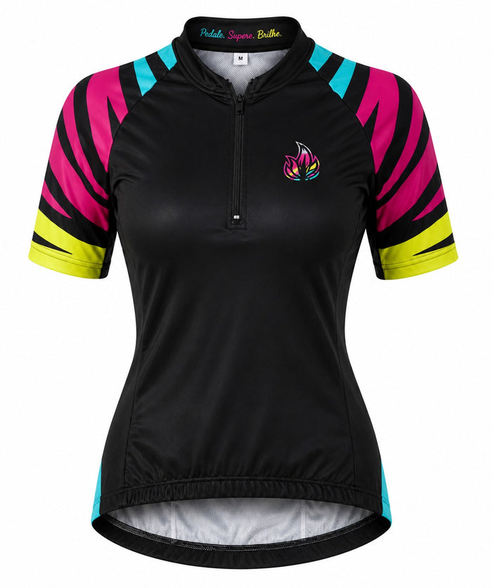 Camisa Ciclismo Filip Dillis Feminina Preto/Pink/Amarelo/Turquesa - PRETO/PINK/AMARELO/TURQUESA / P