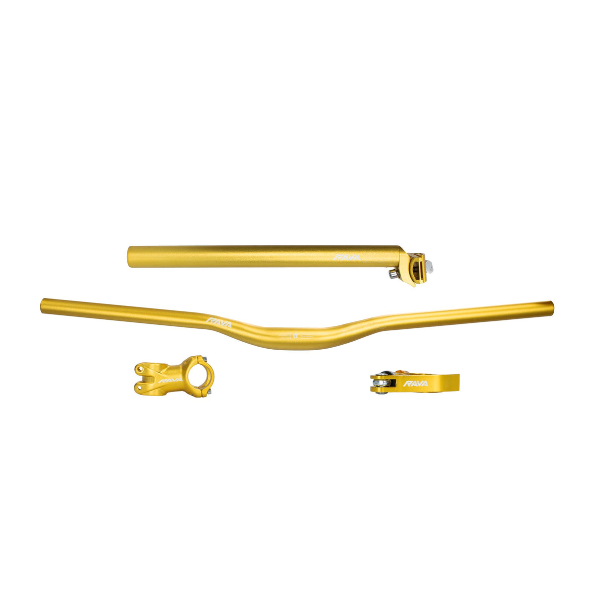 Kit Cockpit Guidão Rise 720mm + Mesa 60mm + Canote 27.2mm + Abraçadeira rava dourado