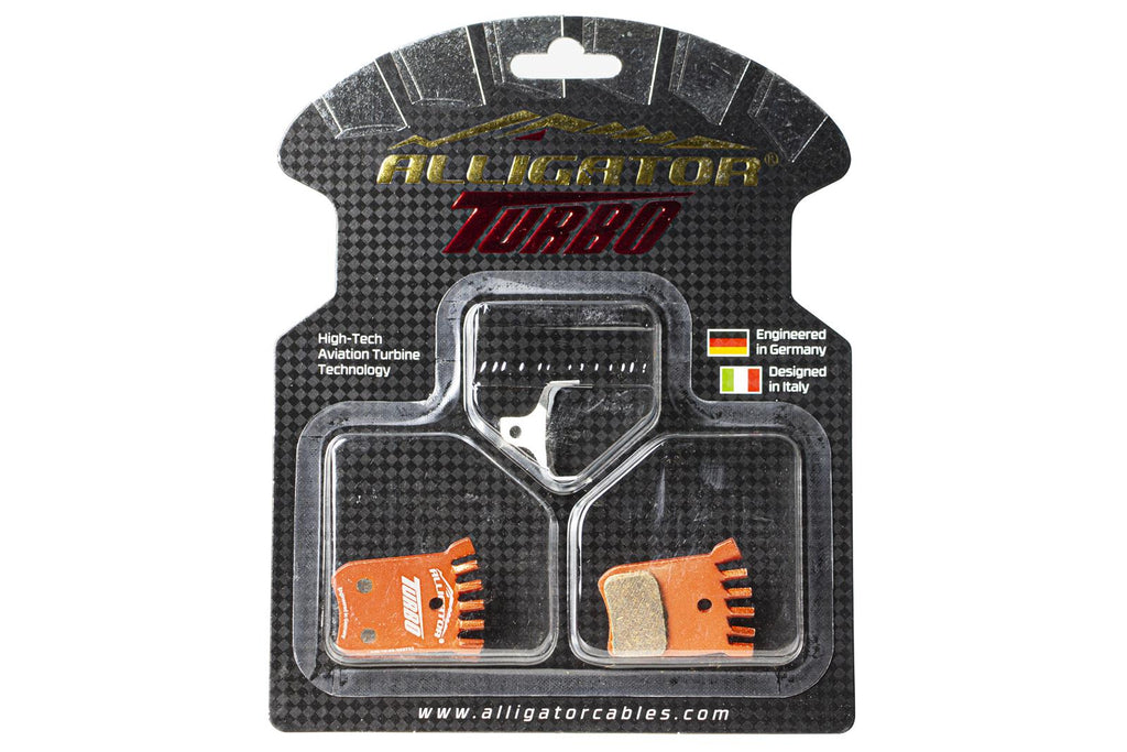 PASTILHA FREIO DISCO ALLIGATOR TURBO SEMI-METÁLICA, EM ALUMÍNIO C/ ALETAS P/REFRIGERAÇÃO, P/ FREIO A DISCO SHIMANO ULTEG