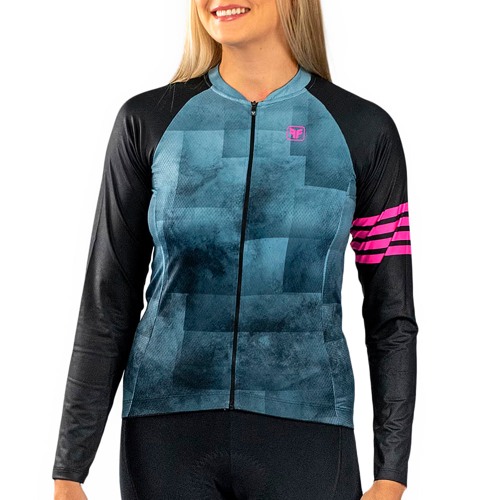 CAMISA CICLISMO FREE FORCE BASIC FEMININA MANGA LONGA CARE - PRETO/AZUL/PINK - M