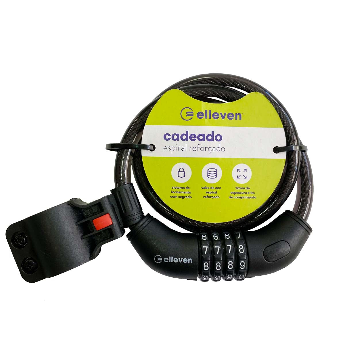 Cadeado Espiral 12mm X 1m Elleven Segredo C/ Suporte - Preto