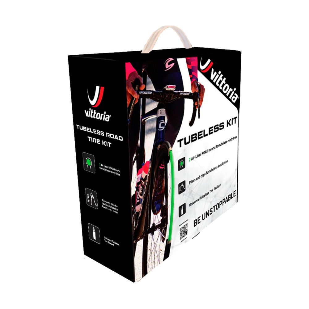 KIT AIR LINER + VALVULAS + SELANTE + ALICATE PARA INSTALAÇÃO TUBELESS VITTORIA TUBELESS P/ GRAVEL ROAD - VERDE