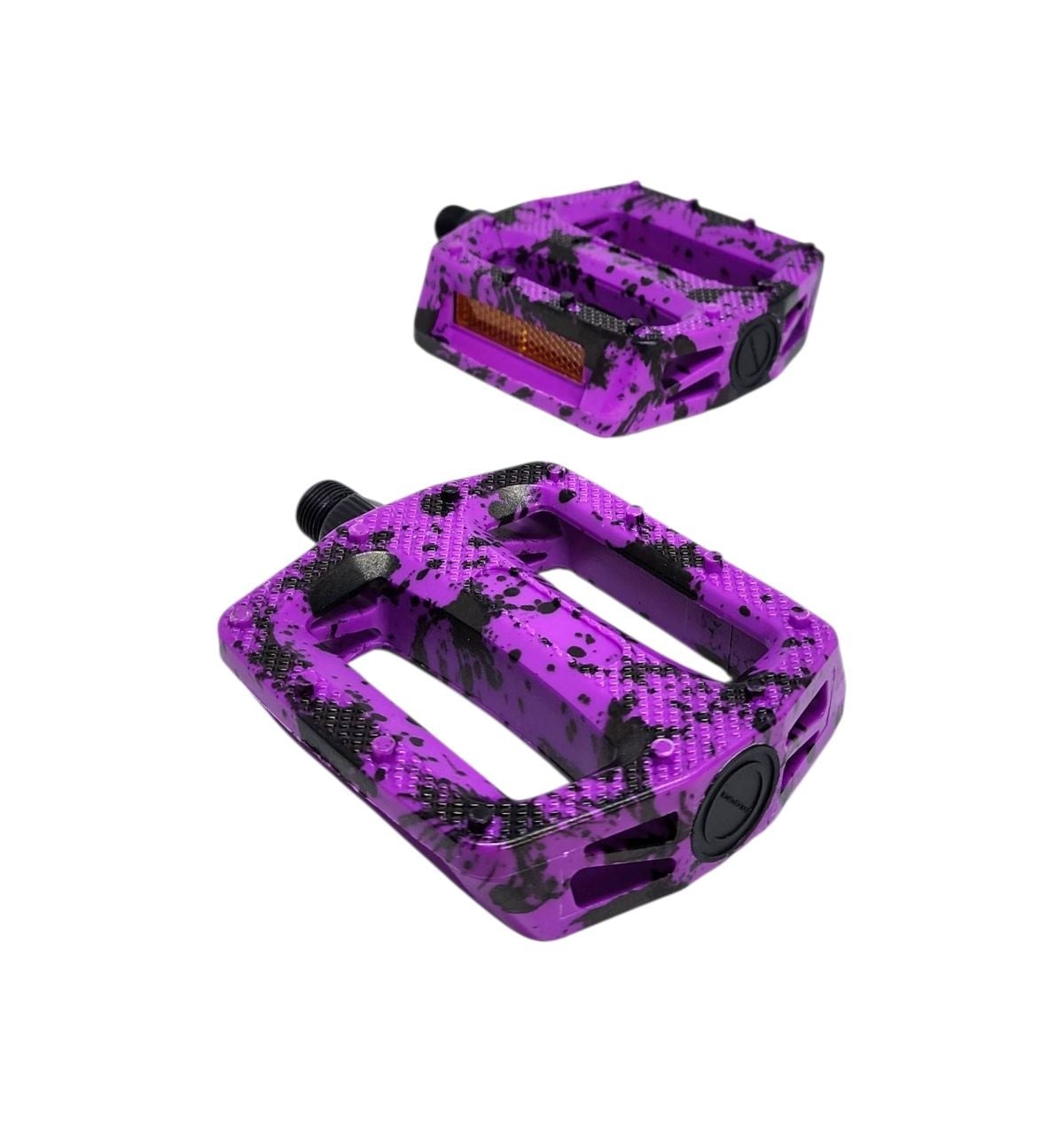 PEDAL PLATAFORMA 9/16 EM NYLON ESFERADO CAMUFLADO COM REFLETOR PRETO/ROXO