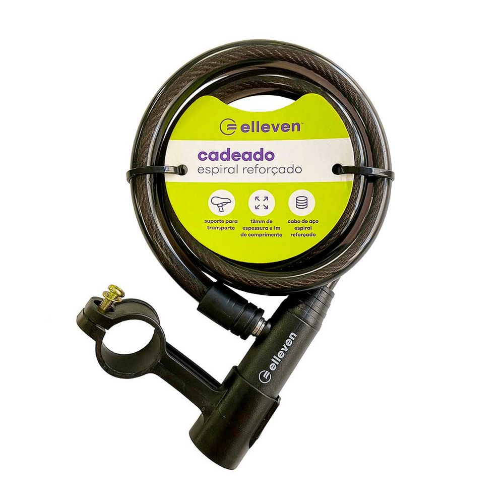 Cadeado Espiral 1m X 12mm Elleven C/ Suporte - Preto