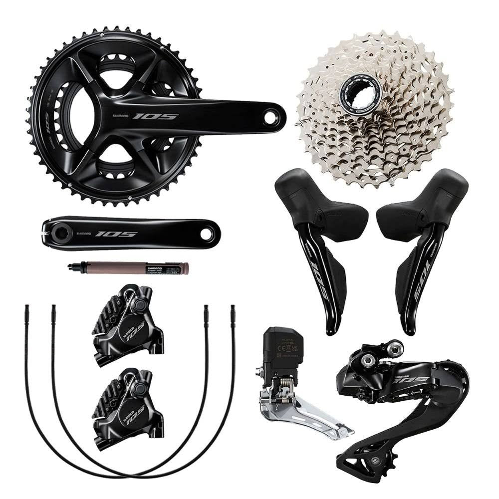 KIT RELAÇÃO SHIMANO 105 12V R7100 COMPLETO PEDIVELA 175 + CASSETE 11/34 + CAMBIOS D/T + BATERIA + CABOS + STI + FREIO HI