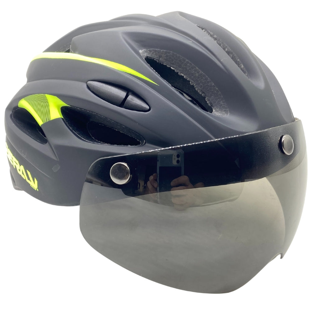CAPACETE CICLISMO ZERAY COM LENTE E LED PRETO/AMARELO TAM M