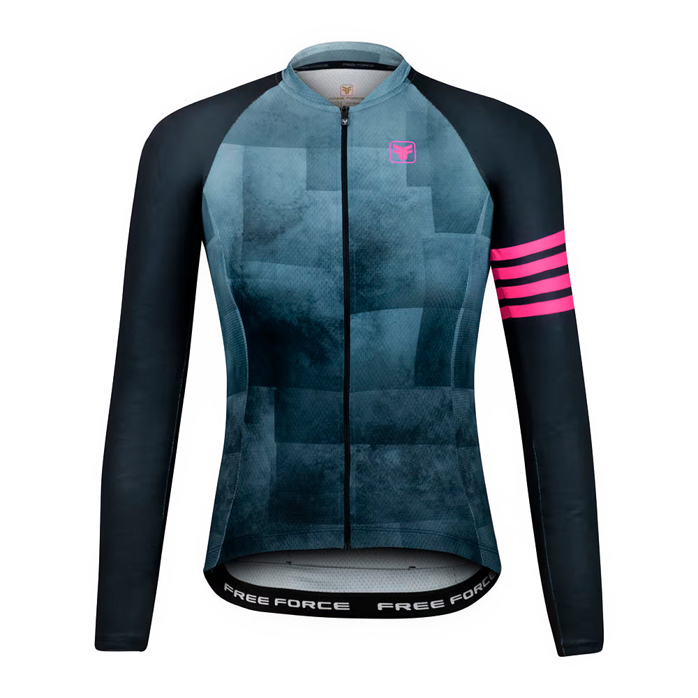 CAMISA CICLISMO FREE FORCE BASIC FEMININA MANGA LONGA CARE - PRETO/AZUL/PINK - M