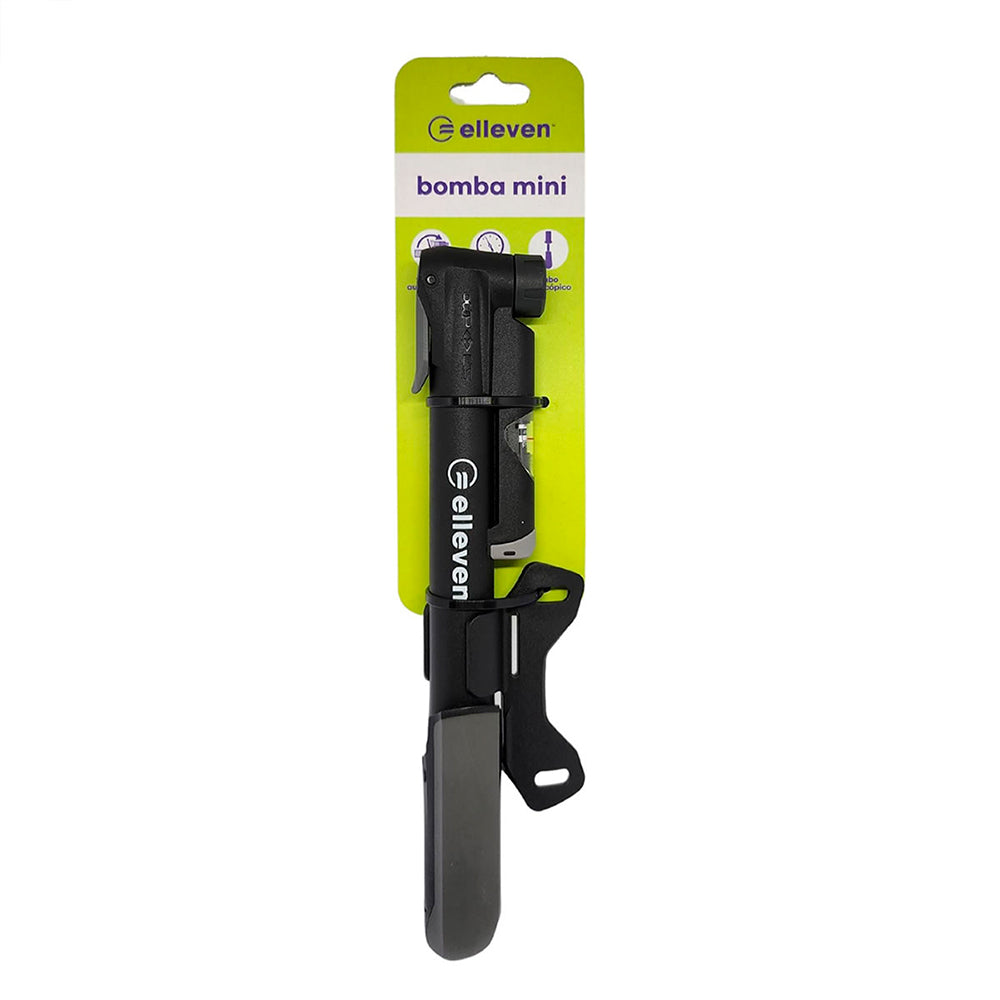 BOMBA ELLEVEN MINI TELESCÓPICA BICO AUTOMATICO C/ MANÕMETRO E SUPORTE (120PSI) - PRETO