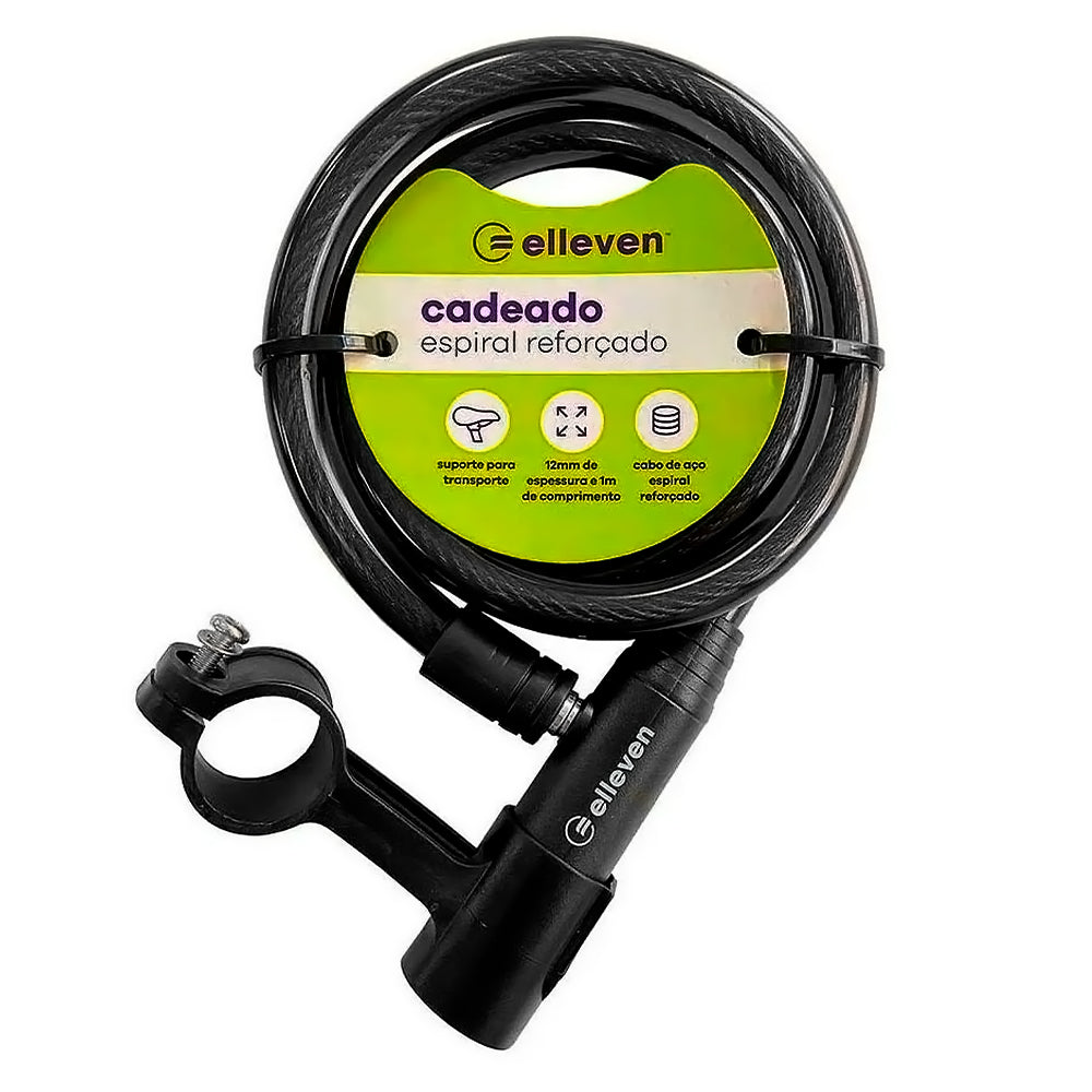 CADEADO ESPIRAL 1,5M X 12MM ELLEVEN C/ SUPORTE - PRETO