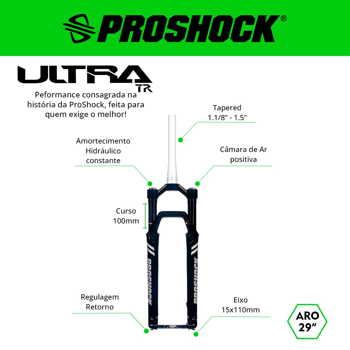 SUSPENSÃO ULTRA TR ARIETE ARO 29 TUBO TAPERED EIXO 15X110 PRETA BRILHANTE