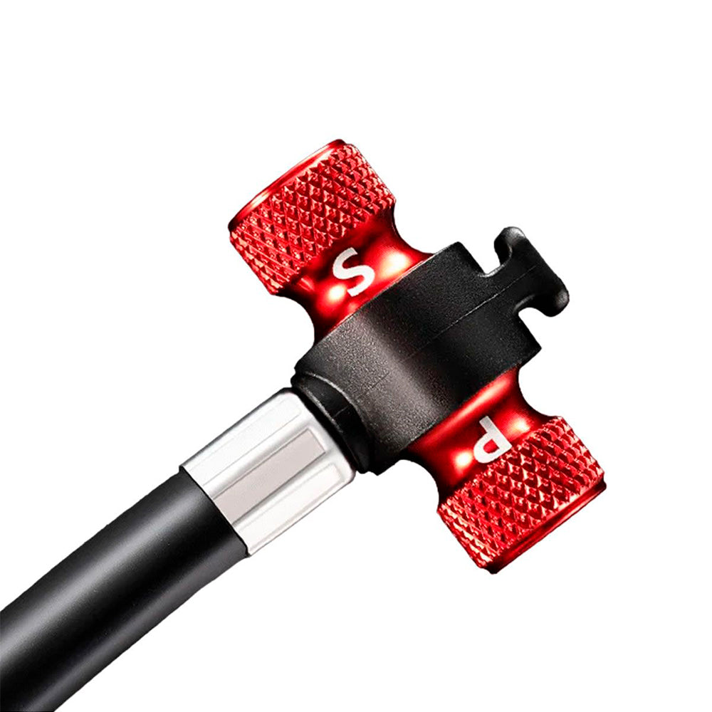 BOMBA ROCKBROS PREMIUM C/ MANÔMETRO INTERNO E MANGUEIRA MULTI VALVULA (220PSI) - PRETO/VERMELHO