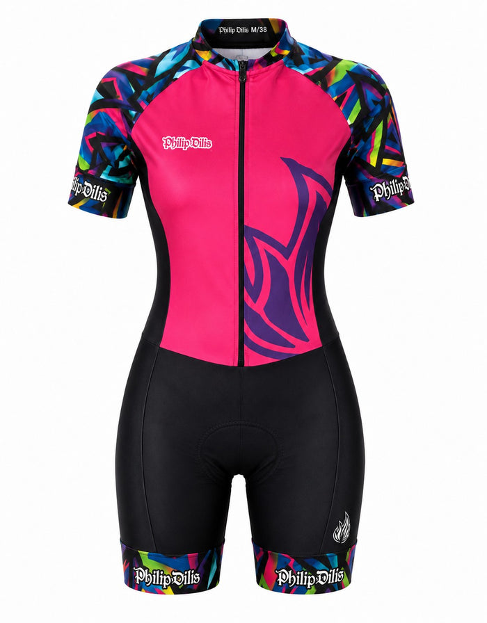 Macaquinho de Ciclismo Filip Dillis Feminino Preto/Pink/Colors - PRETO/PINK/COLORS / P