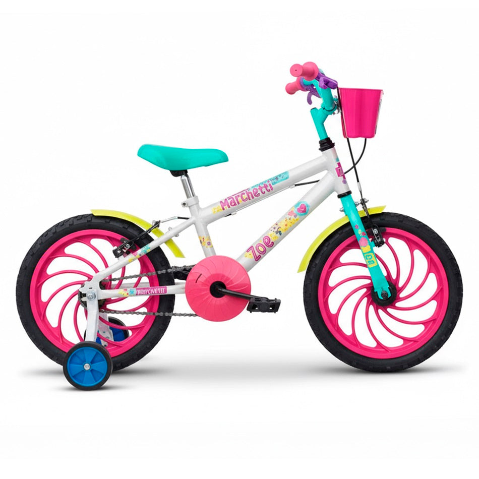 BICICLETA ARO 16 MARCHETTI ZOE AÇO BRANCO/ROSA/VERDE