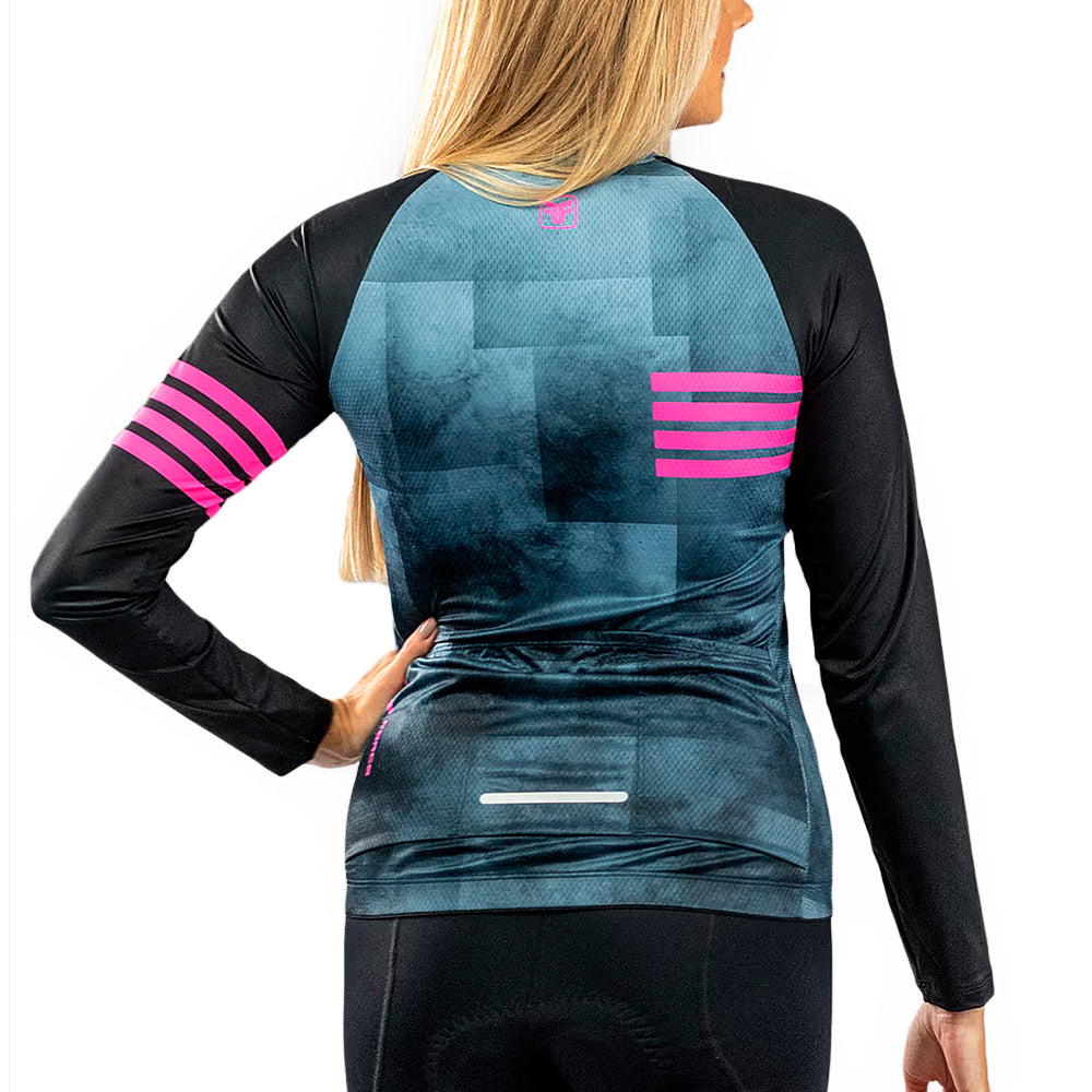 CAMISA CICLISMO FREE FORCE BASIC FEMININA MANGA LONGA CARE - PRETO/AZUL/PINK - M