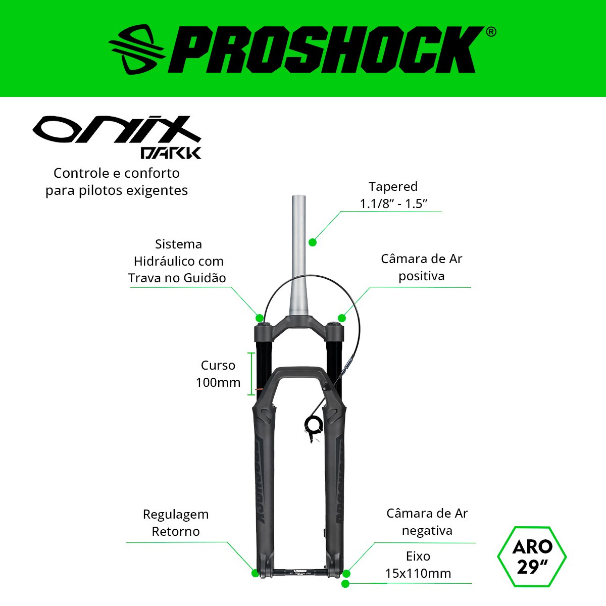 SUSPENSÃO ONIX DARK TRAVA NO GUIDÃO ARIETE ARO 29 TUBO TAPERED EIXO 15X110 PRETA FOSCA