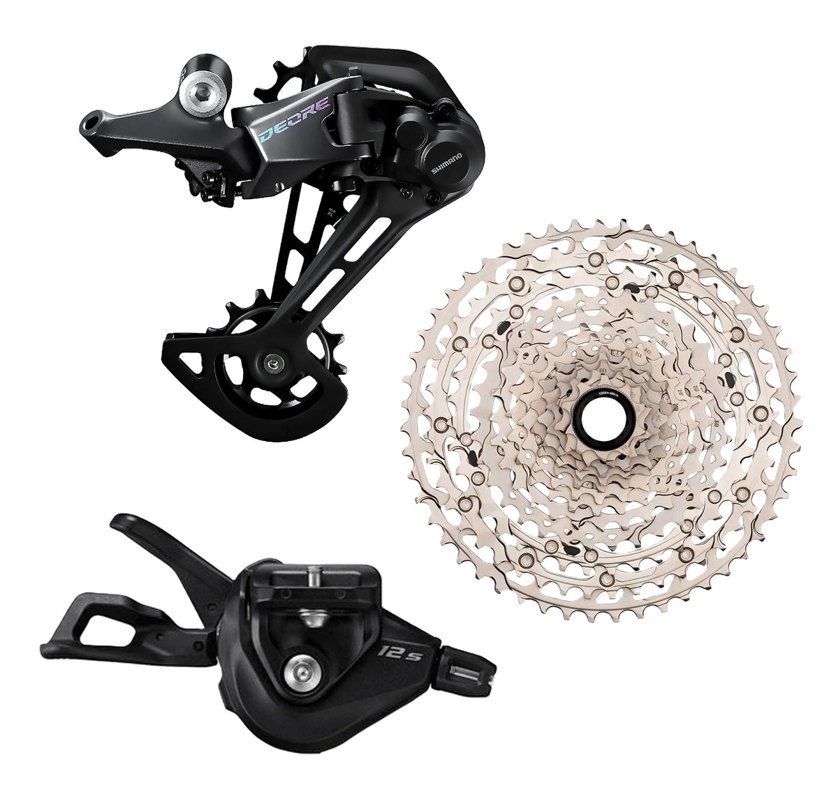 KIT TRANSMISSÃO COMPLETO ALAVANCA + CAMBIO + CASSETE 12V SHIMANO DEORE CS-M6100-12 10/51D