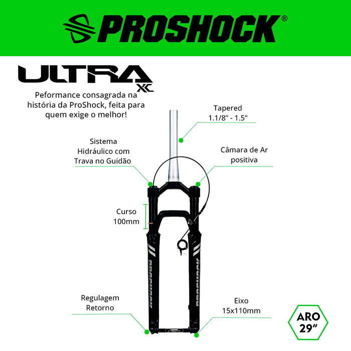 Suspensão Ultra Xc Trava No Guidão Ariete Aro 29 Tubo Tapered Eixo 15x110  Preta Brilhante