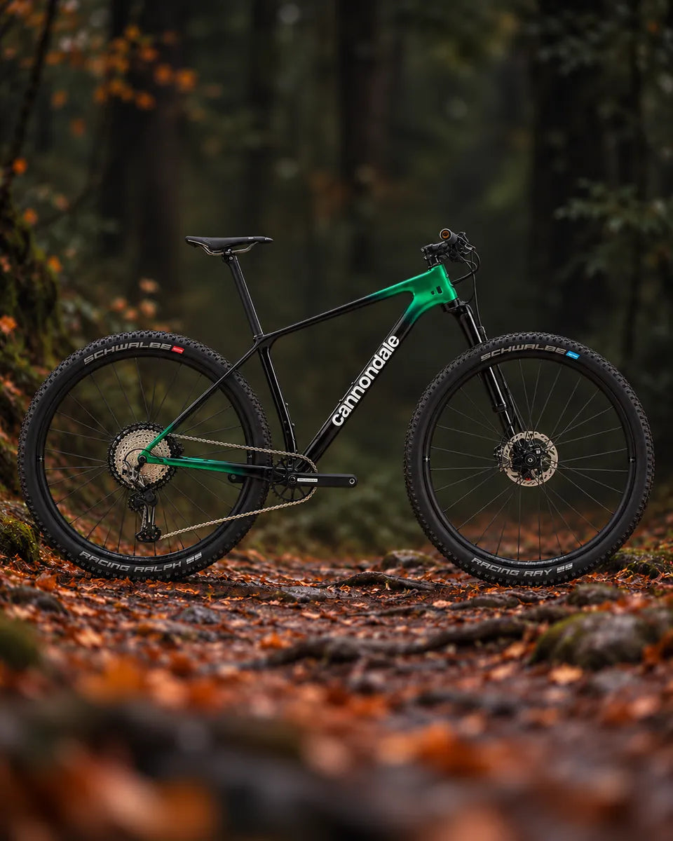 MTB Cannondale preta e verde em trilha de floresta