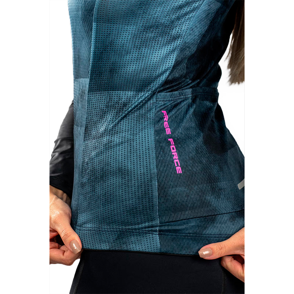 CAMISA CICLISMO FREE FORCE BASIC FEMININA MANGA LONGA CARE - PRETO/AZUL/PINK - M