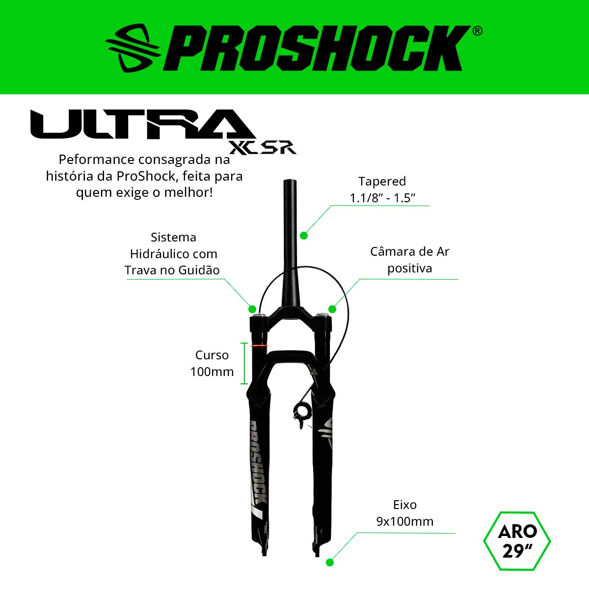 SUSPENSÃO ULTRA XC TRAVA NO GUIDÃO SR SPIDER ARO 29 EIXO 9X100 PRETA BRILHANTE