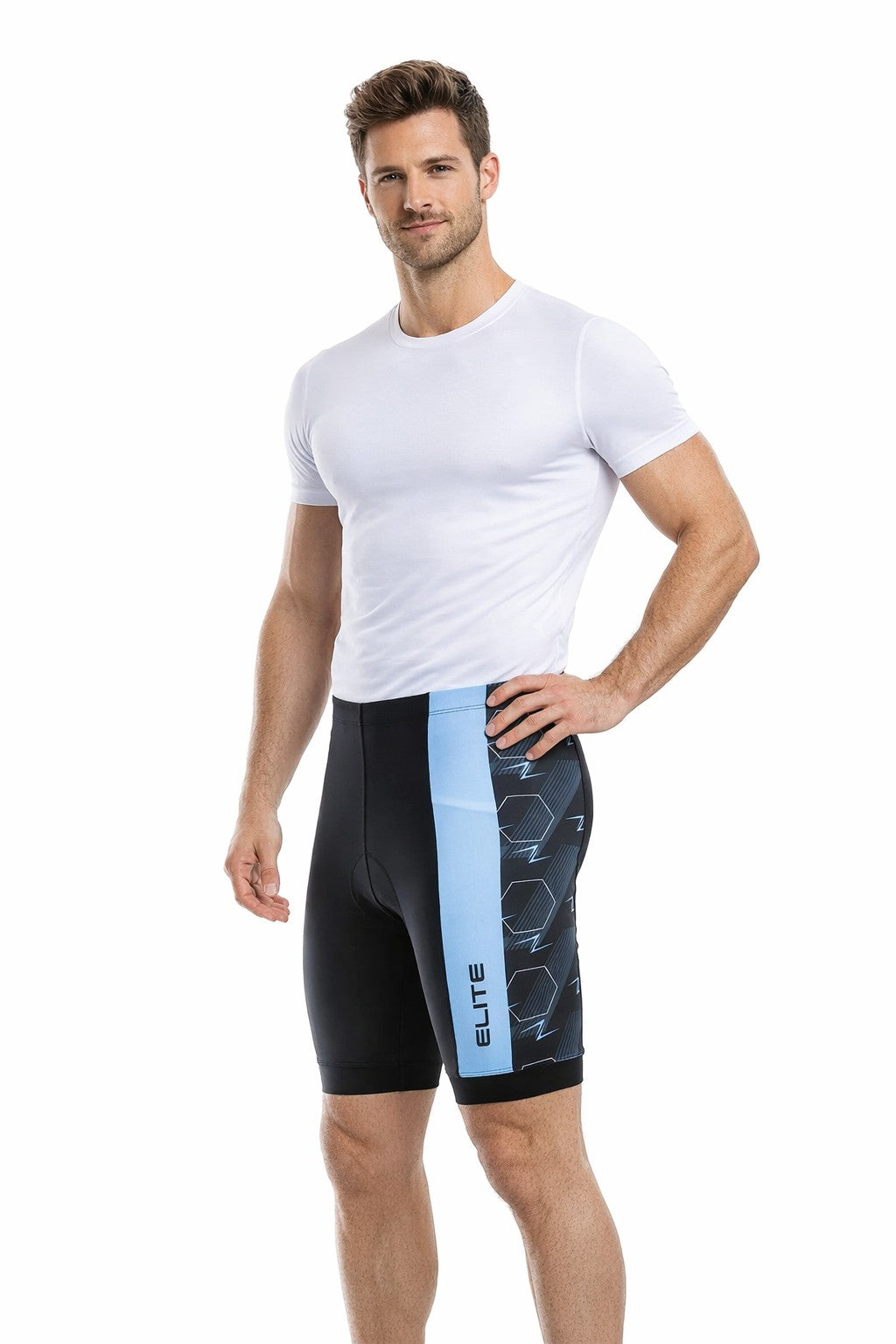 Bermuda ELITE Esporte Masc P/ Ciclista UV PROT/LUMINA P PRETO/CELESTE
