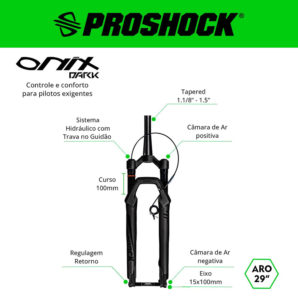 SUSPENSÃO ONIX DARK TRAVA NO GUIDÃO SPIDER ARO 29 TUBO TAPERED EIXO 15X100 PRETA FOSCA