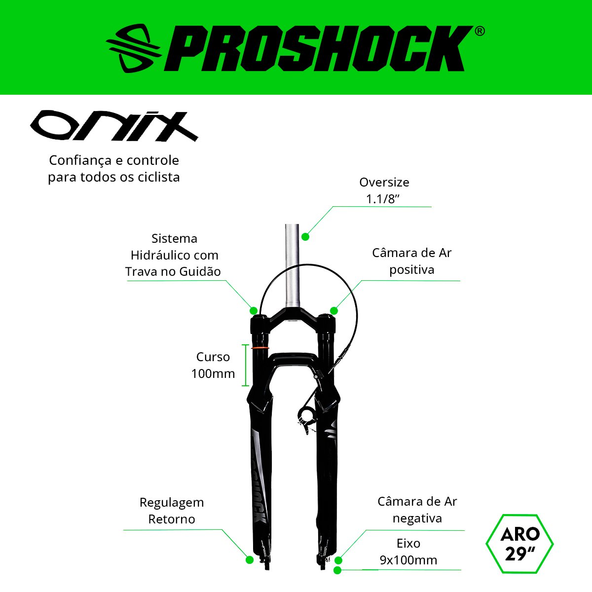 SUSPENSÃO ONIX TRAVA NO GUIDÃO SPIDER ARO 29 EIXO 9X100 PRETA BRILHANTE