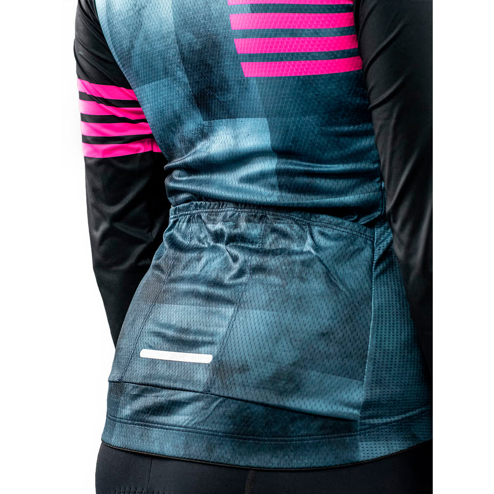 CAMISA CICLISMO FREE FORCE BASIC FEMININA MANGA LONGA CARE - PRETO/AZUL/PINK - M