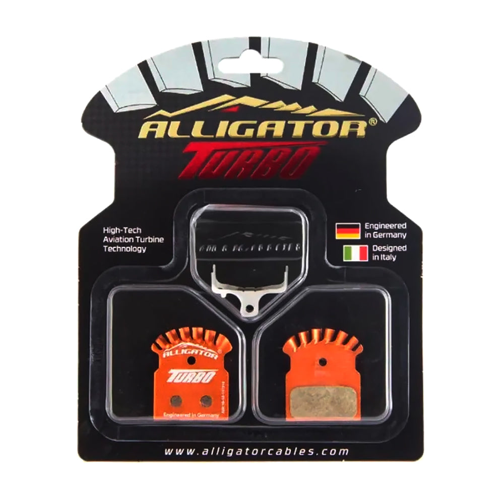PASTILHA FREIO ALLIGATOR TURBO SEMI-METÁLICA, EM ALUMÍNIO C/ ALETAS P/REFRIGERAÇÃO, P/ FREIO A DISCO SHIMANO M666/M785 -