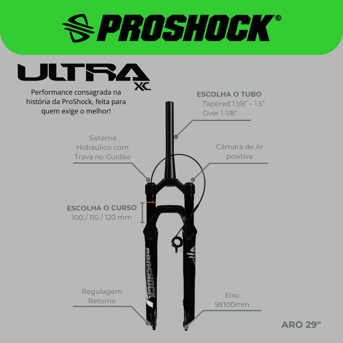 SUSPENSÃO ULTRA XC TRAVA NO GUIDÃO SPIDER ARO 29 EIXO 9X100 PRETA BRILHANTE