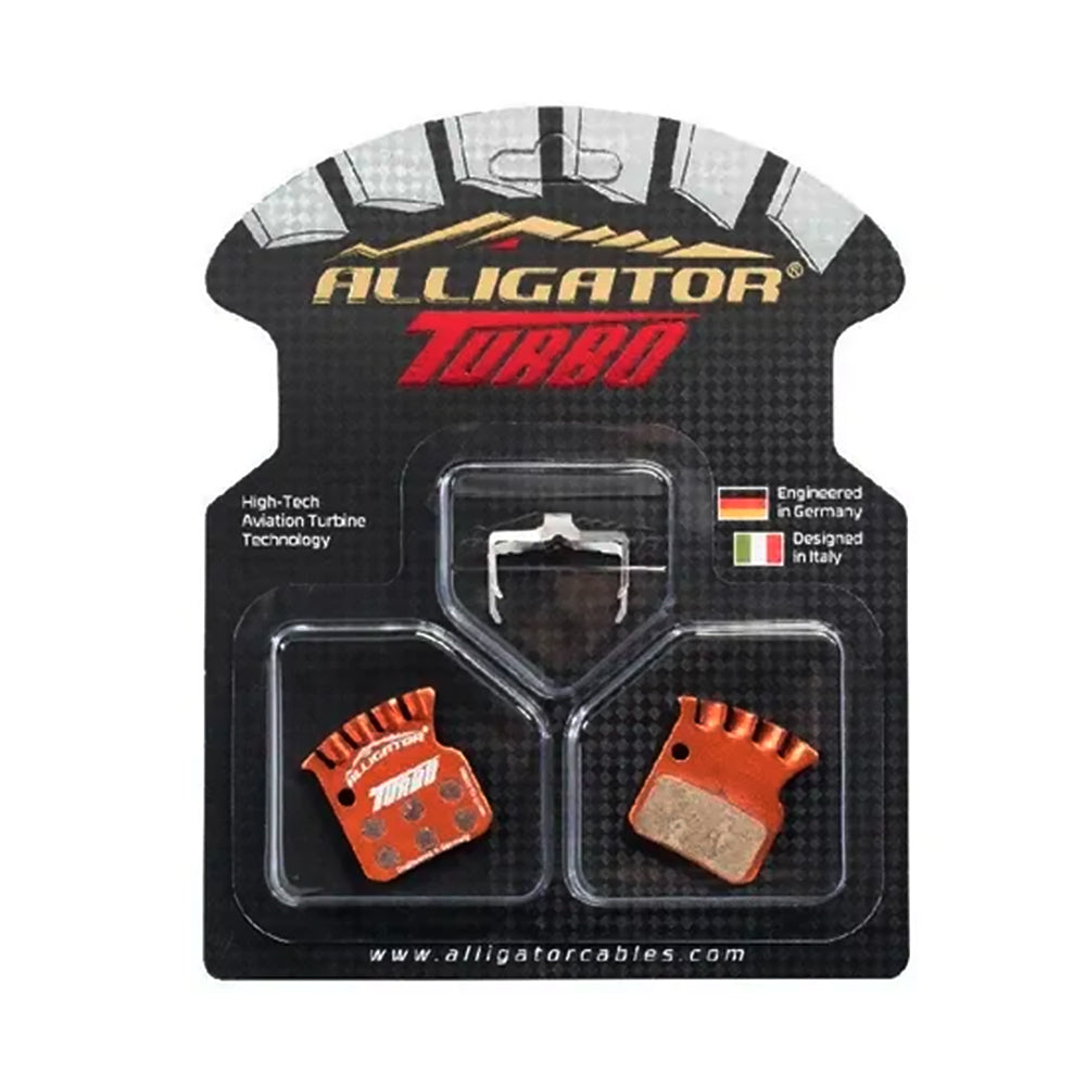 PASTILHA FREIO ALLIGATOR TURBO SEMI METÁLICA, EM ALUMÍNIO C/ ALETAS P/REFRIGERAÇÃO, P/AVID/SRAM LEVEL(ULTIMATE E TLM), R