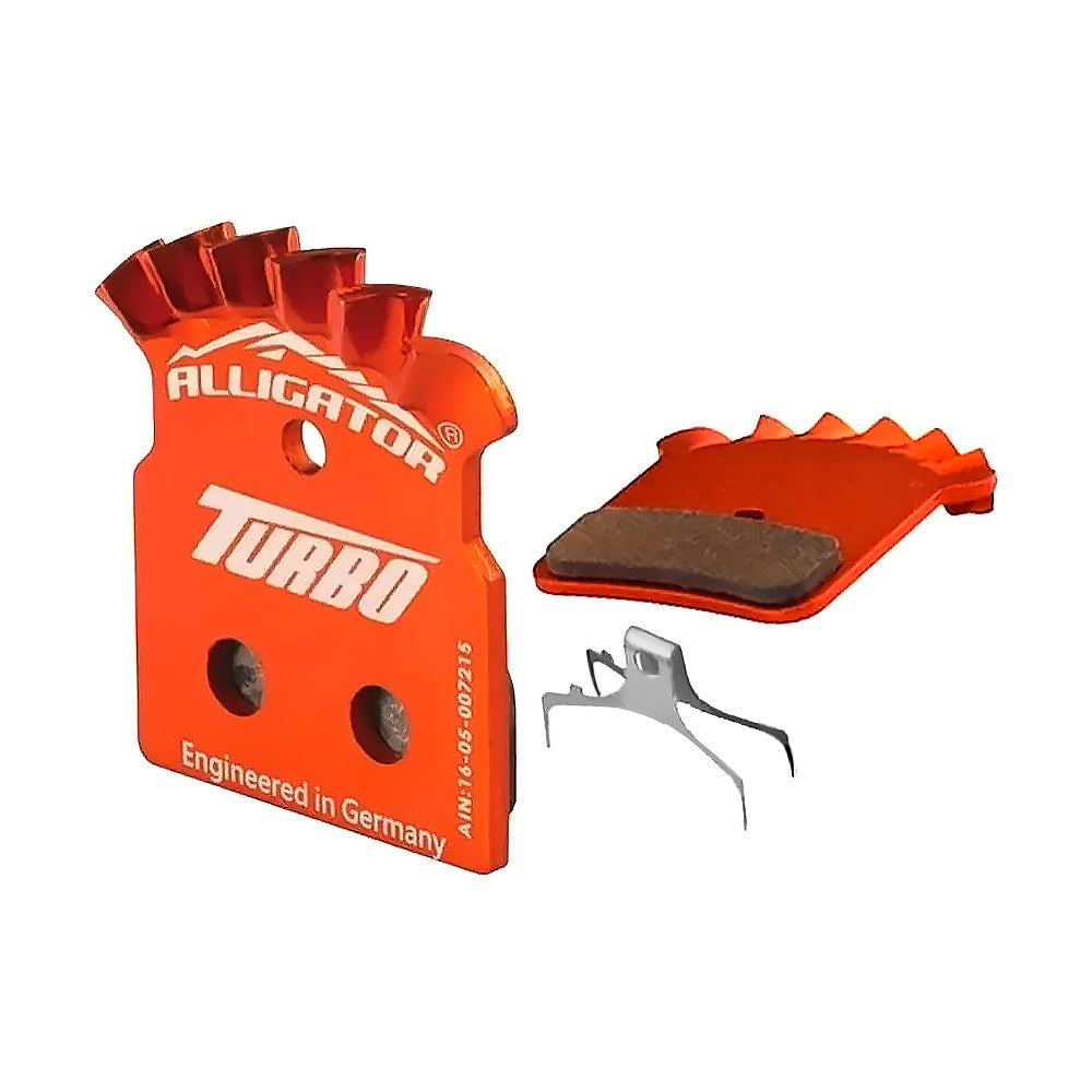 PASTILHA FREIO ALLIGATOR TURBO SEMI-METÁLICA, EM ALUMÍNIO C/ ALETAS P/REFRIGERAÇÃO, P/ FREIO A DISCO SHIMANO M666/M785 -