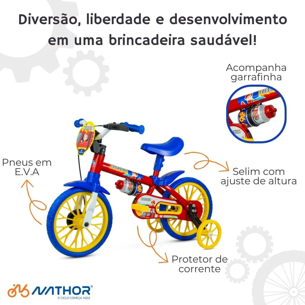Bicicleta 12 Nathor Fire Man - Azul/Vermelho/Amarelo