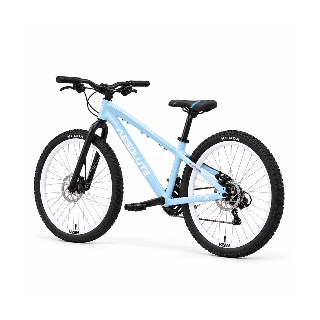 Simulação da bicicleta Absolute Brutus 3 DJ azul e branca pelo lado oposto, com garfo rígido e pneus pretos