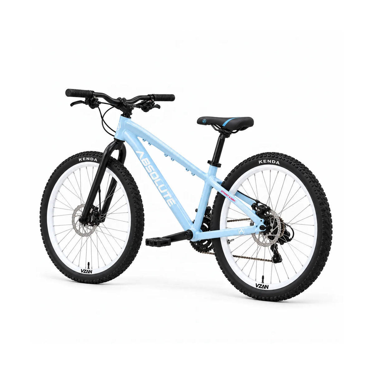 Simulação da bicicleta Absolute Brutus 3 DJ azul e branca pelo lado oposto, com garfo rígido e pneus pretos