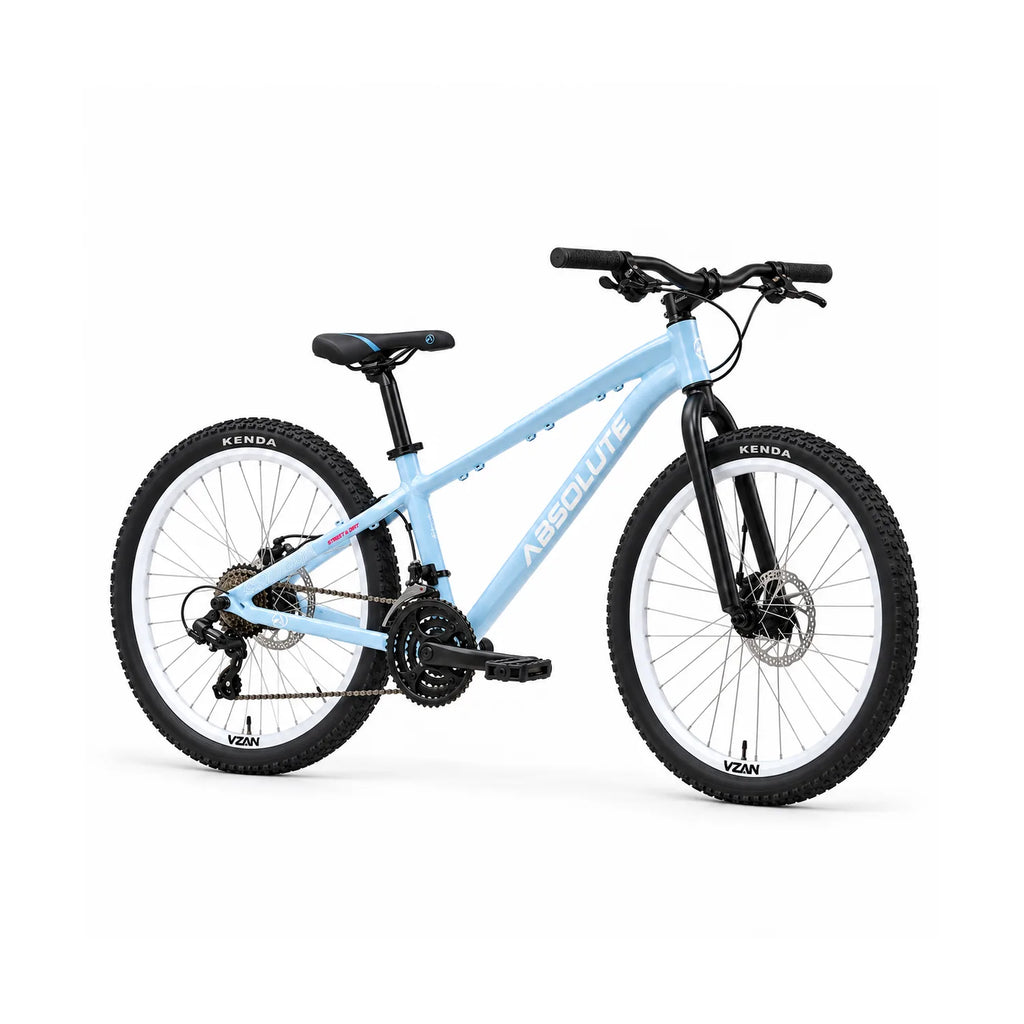 Simulação da bicicleta aro 26 Absolute Brutus 3 DJ azul claro, com rodas brancas, pneus pretos e garfo rígido, vista principal