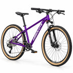 Projeto MTB Absolute Nero 5 XS roxa com pneus bege, transmissão 1x9 e peças pretas, vista principal