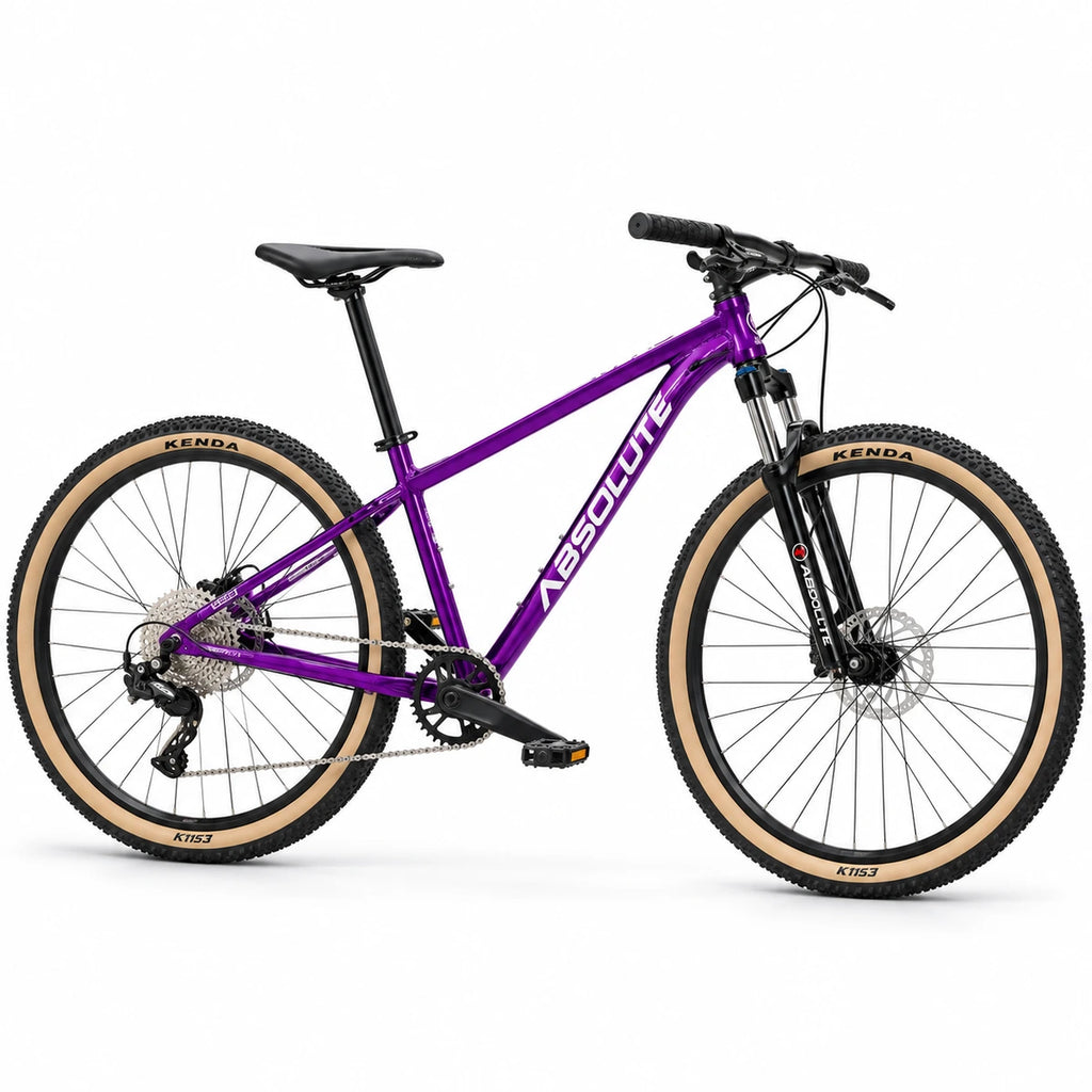 Projeto MTB Absolute Nero 5 XS roxa com pneus bege, transmissão 1x9 e peças pretas, vista lateral
