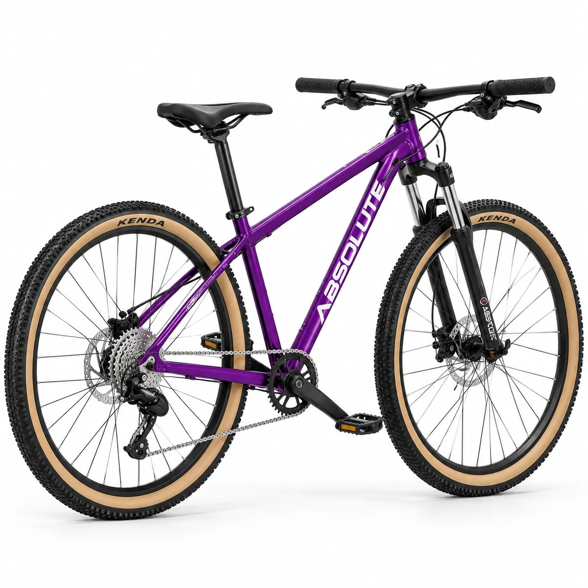 Projeto MTB Absolute Nero 5 XS roxa com pneus bege, transmissão 1x9 e peças pretas, vista traseira