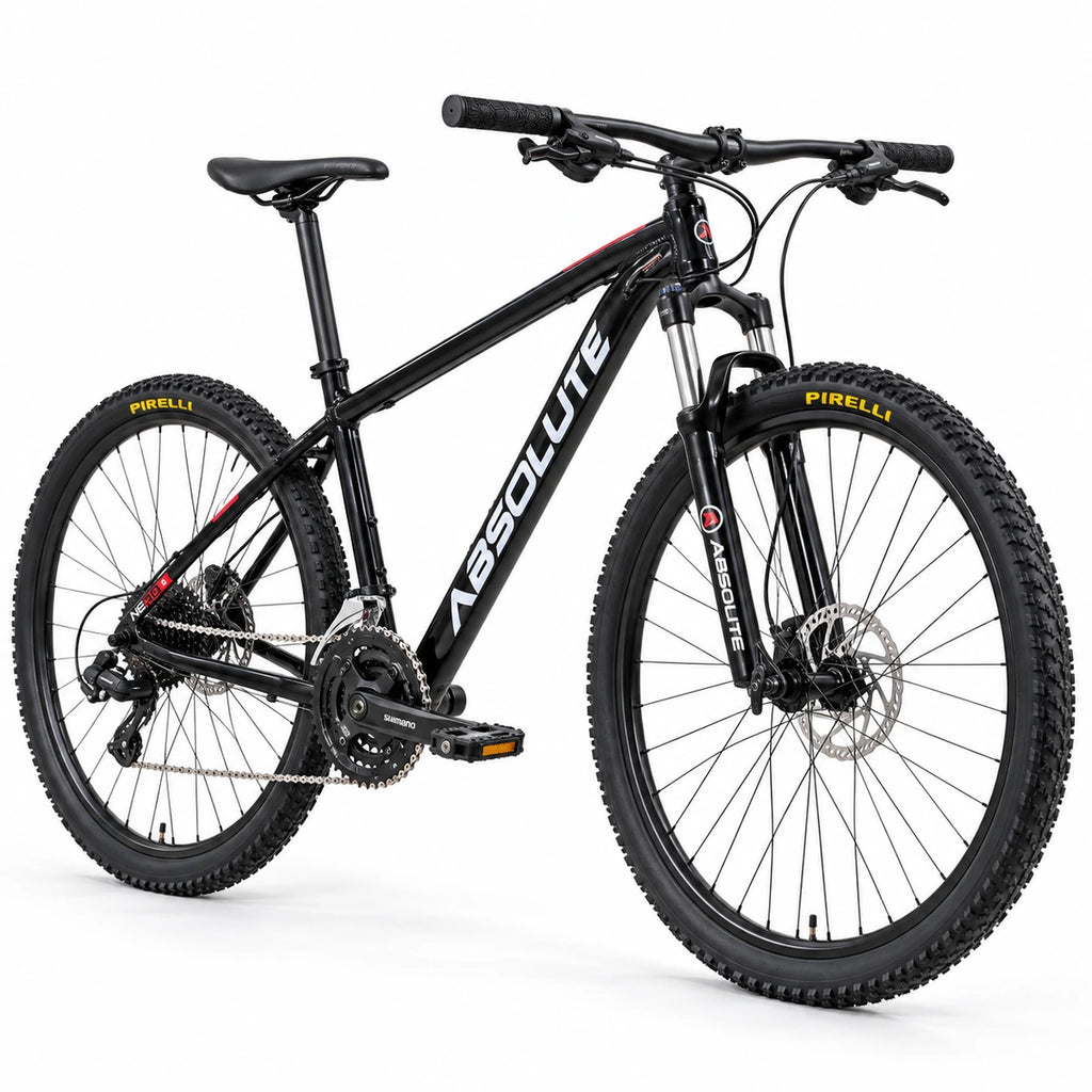 Projeto MTB Absolute Nero 5 XXL 23 preto, transmissão Shimano 24v e freios hidráulicos MT200 — vista dianteira