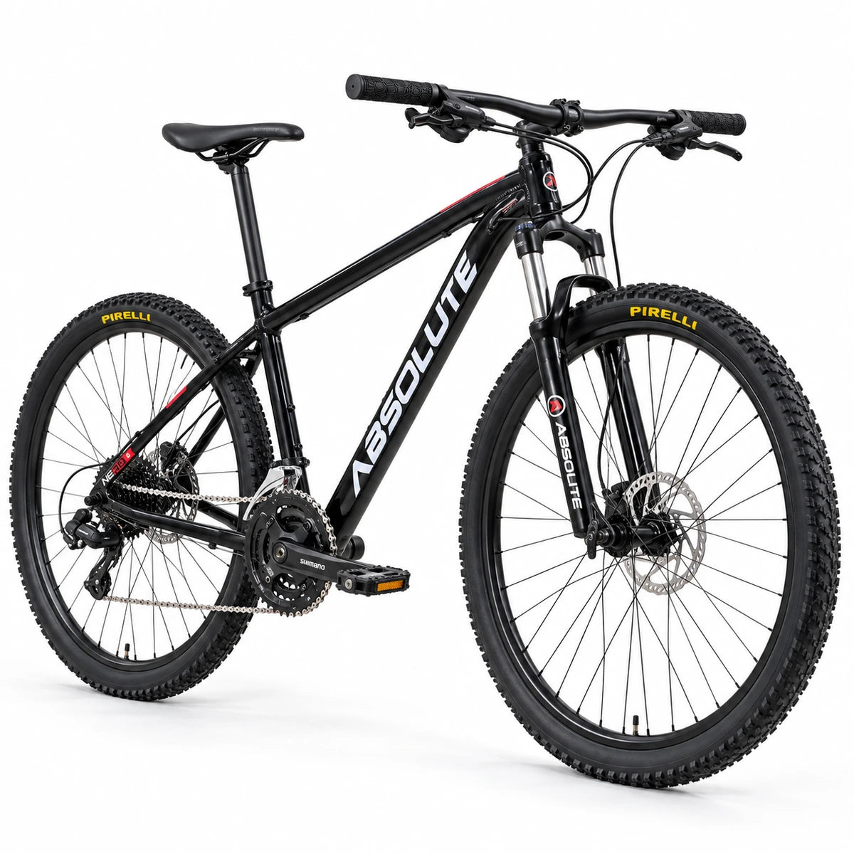 Projeto MTB Absolute Nero 5 XXL 23 preto, transmissão Shimano 24v e freios hidráulicos MT200 — vista dianteira