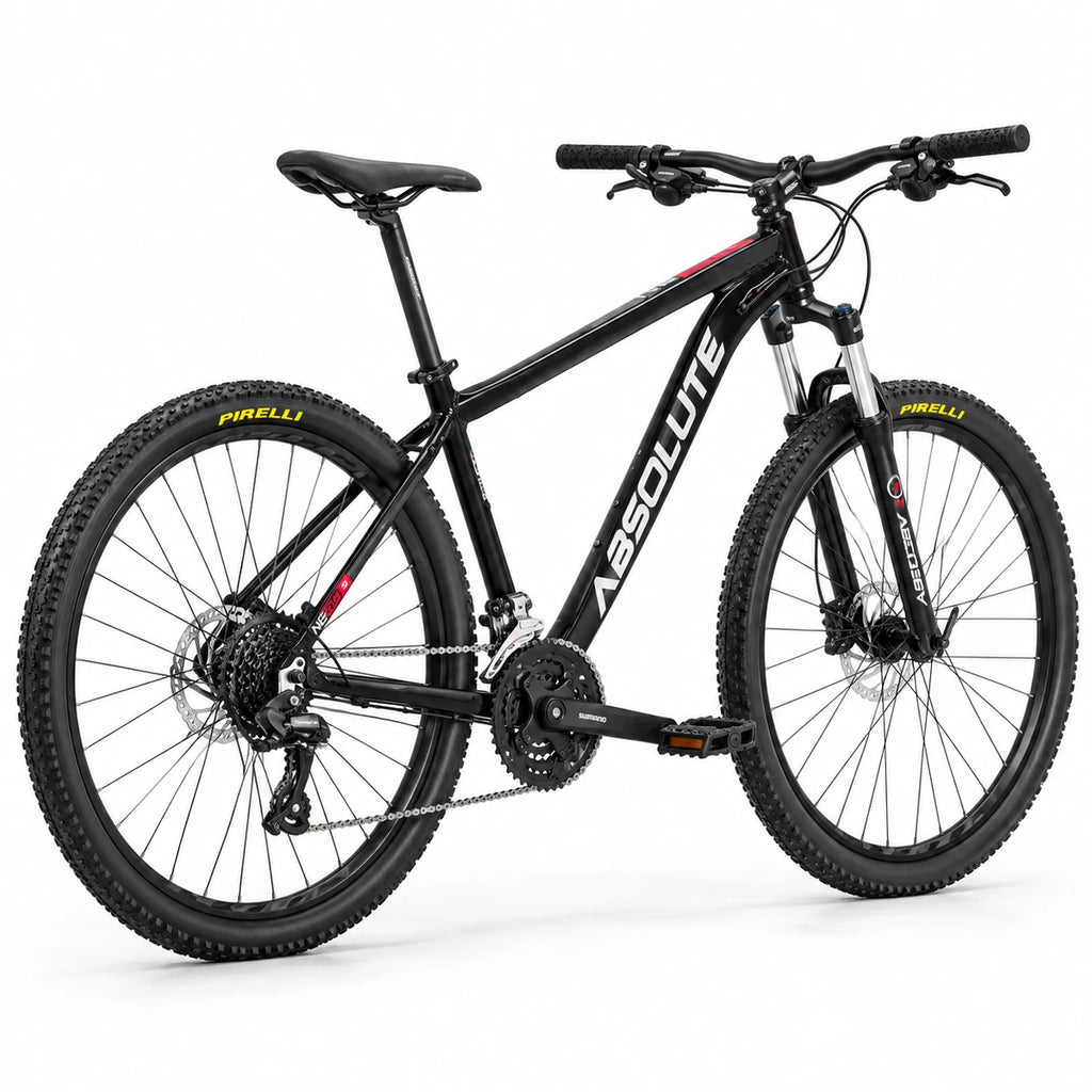Projeto MTB Absolute Nero 5 XXL 23 preto, transmissão Shimano 24v e freios hidráulicos MT200 — vista traseira