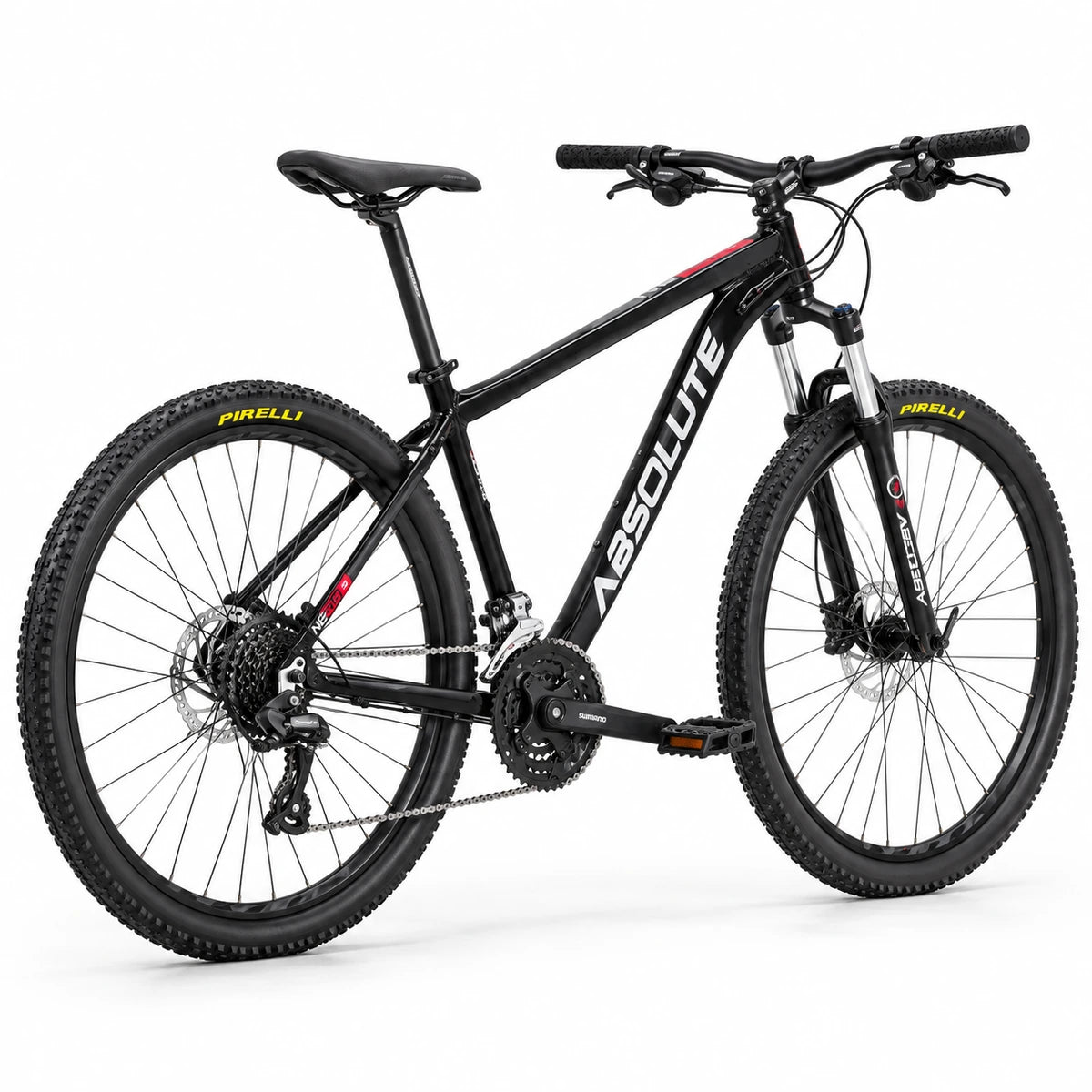 Projeto MTB Absolute Nero 5 XXL 23 preto, transmissão Shimano 24v e freios hidráulicos MT200 — vista traseira