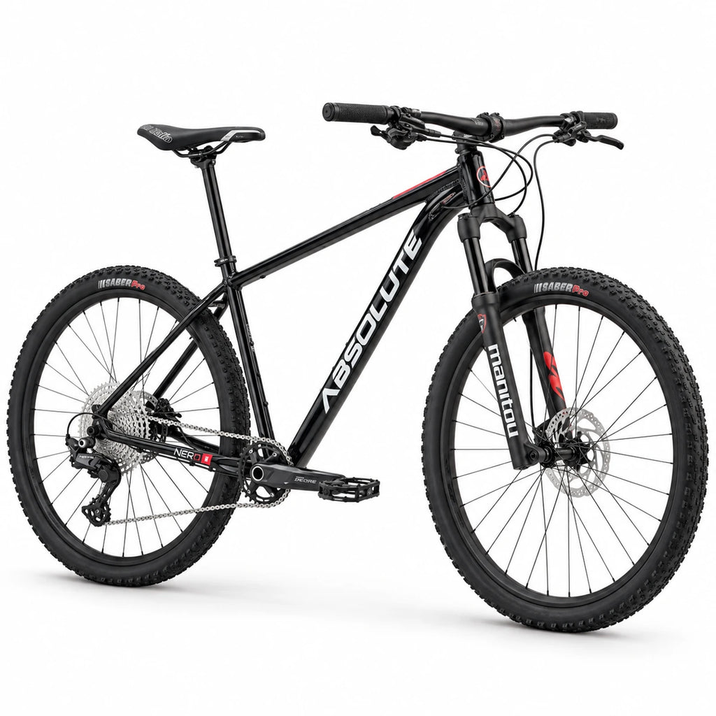 Projeto MTB Absolute Nero 5 XXL 23 preto, Shimano Deore 11v e Manitou Markhor — dianteira