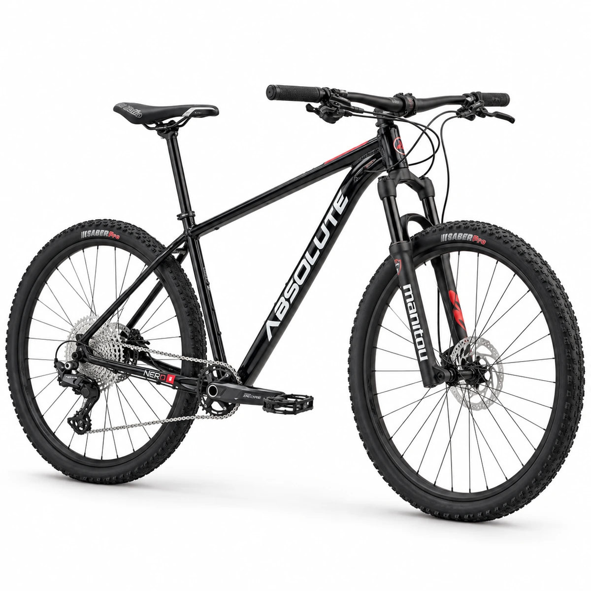 Projeto MTB Absolute Nero 5 XXL 23 preto, Shimano Deore 11v e Manitou Markhor — dianteira
