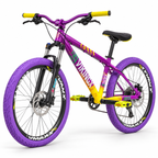 Simulação do Projeto VikingX Tuff X-25 roxo e amarelo, vista dianteira em três quartos, suspensão Brabus e pneus Arisun Flame roxos