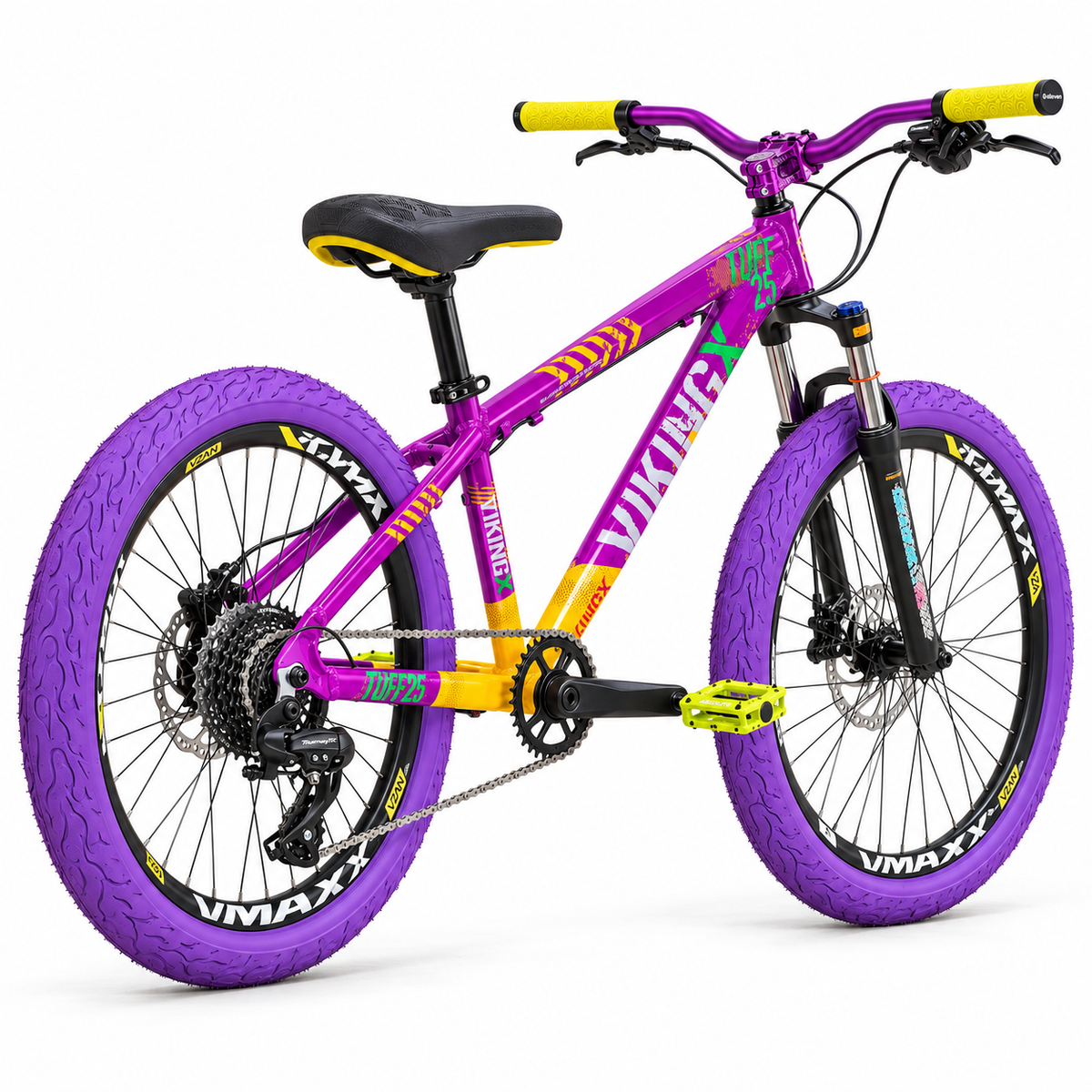 Simulação do Projeto VikingX Tuff X-25 roxo e amarelo, vista traseira em três quartos, transmissão Shimano 1x8 e rodas VMaxx