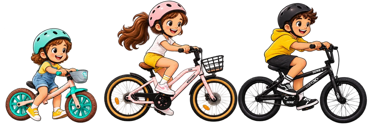 Crianças de diferentes idades com bicicleta de equilíbrio, bicicleta rosa com cesta e BMX